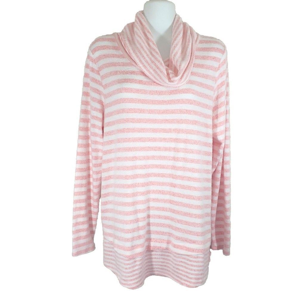 Peyton Primrose Sweater Large Pink White Striped Cowl Neck Lightweight